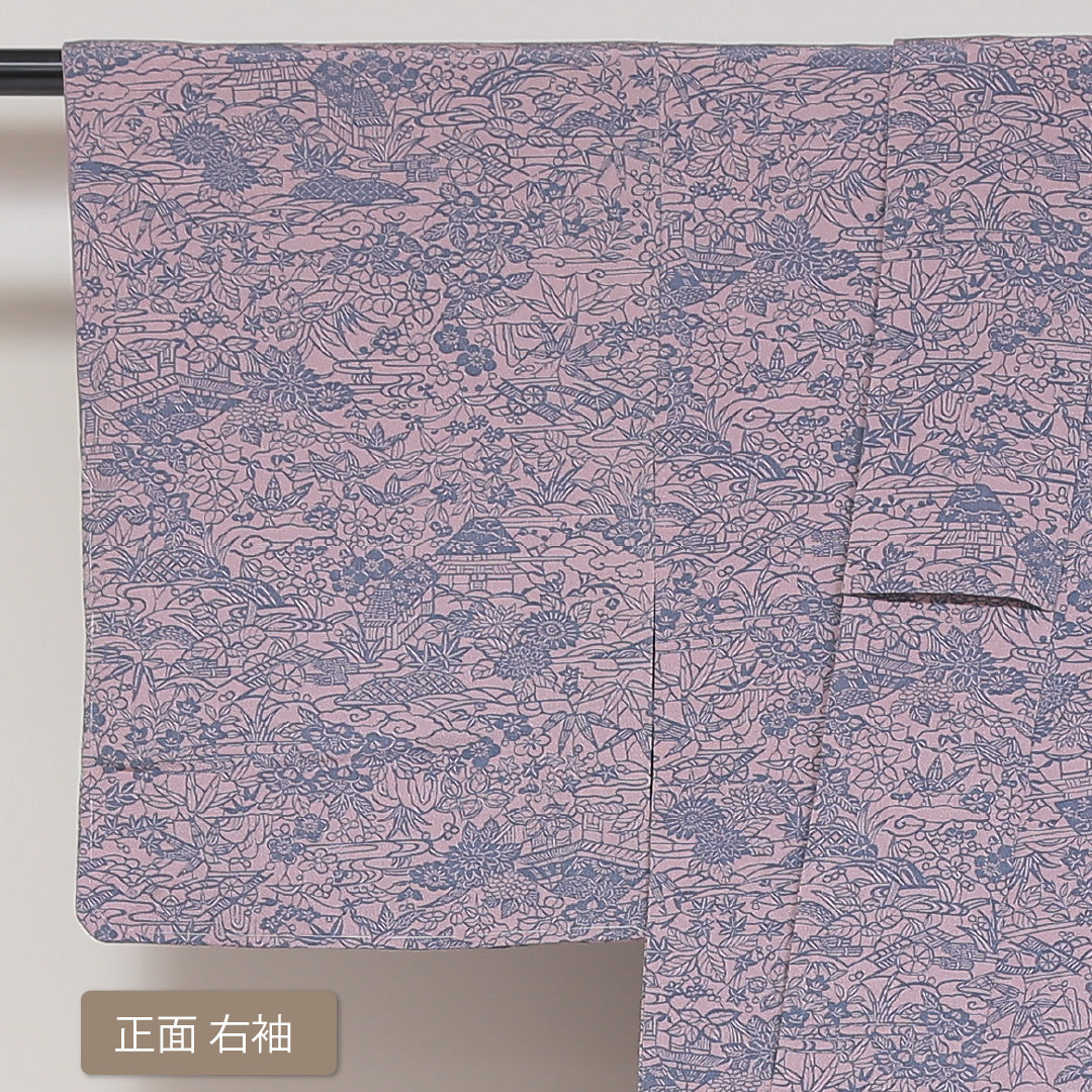 小紋 ちりめん 袷 身丈158cm 裄63cm ピンク系 茶屋辻 型染め 正絹 Sランク しつけ糸 1215-01770-2313