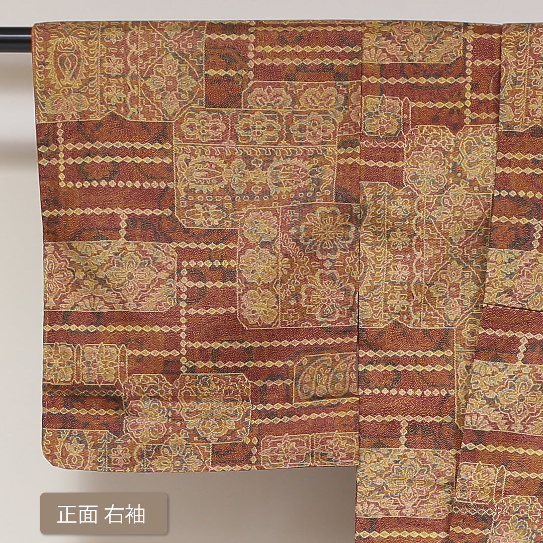 小紋 袷 身丈161cm 裄丈63cm 正絹 Aランク インフォーマル 広衿 Lサイズ 創作柄 茶系 HP 1221-01735