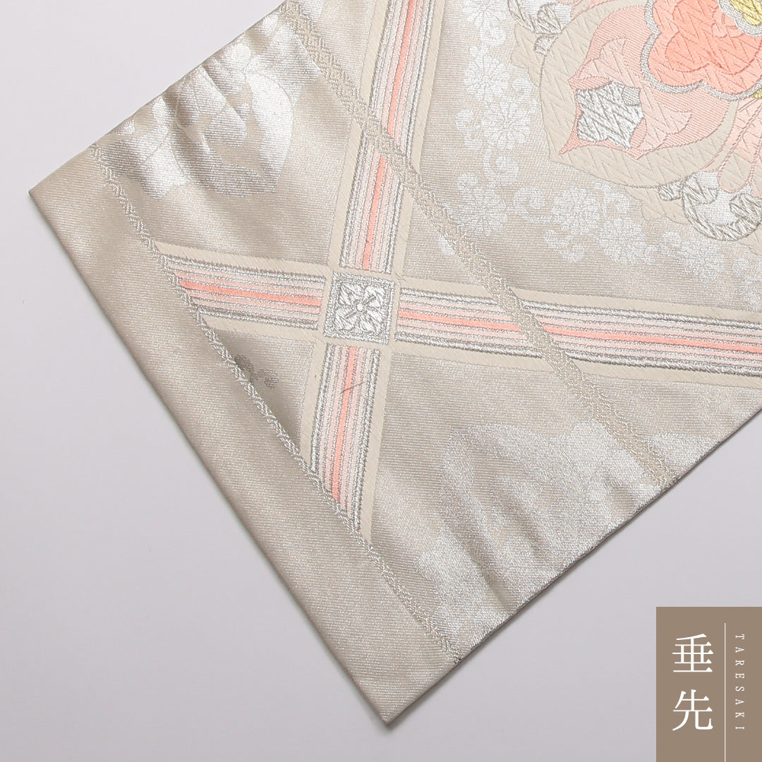 袋帯 帯丈442cm 正絹 六通 フォーマル 宝相華 銀系 1243-01338