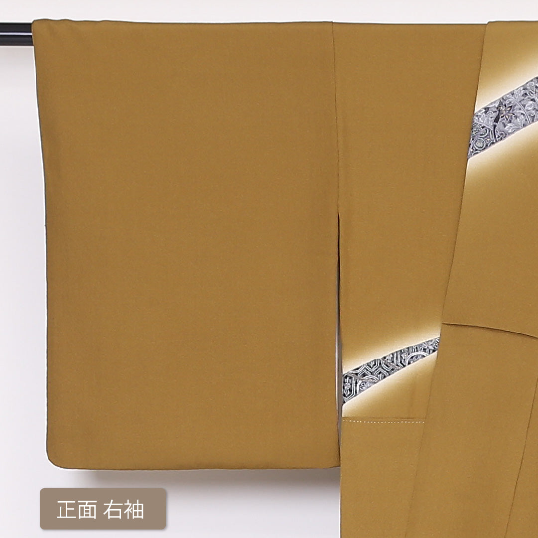 訪問着 袷 身丈163cm 裄丈65cm 正絹 賢三 Sランク Lサイズ 広衿 セミフォーマル 唐草華文 牡丹 蘇州刺繍 作家物 落款 茶系 黄系 1212-04473