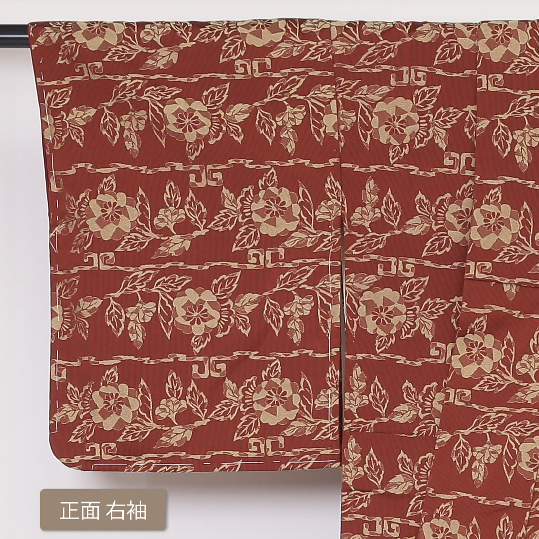 お召 袷 身丈154cm 裄丈64cm 正絹 Aランク インフォーマル 広衿 Sサイズ しつけ糸 牡丹 茶系 RP 1222-03259