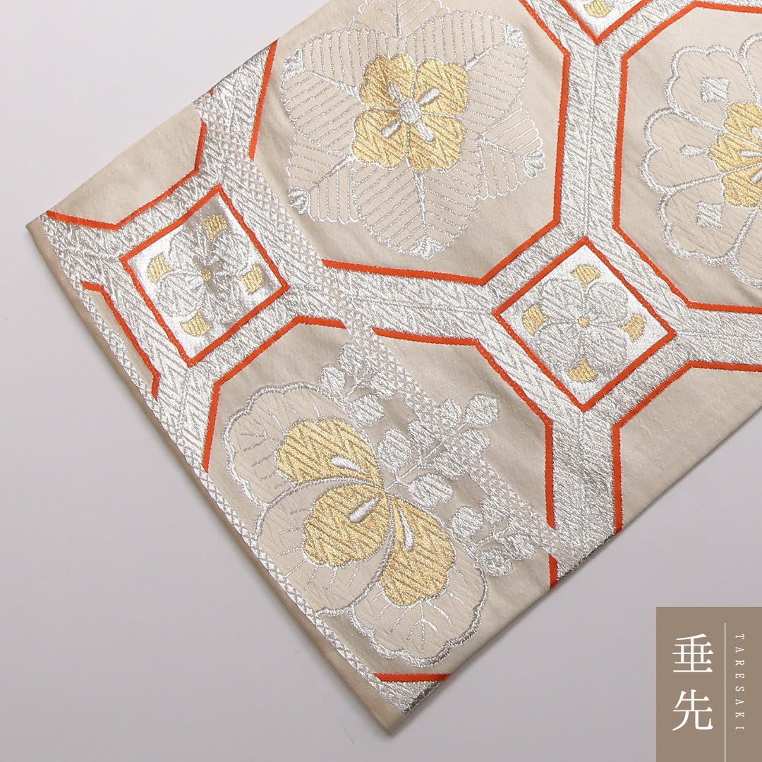 袋帯 帯丈410cm 正絹 六通 フォーマル 蜀江 吉祥文様 クリーム系 1243-01414