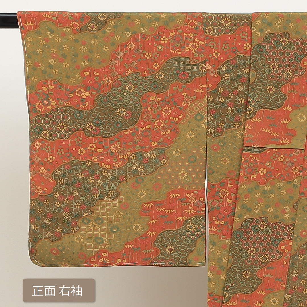 小紋 袷 身丈157cm 裄丈65cm 正絹 Aランク Mサイズ 広衿 インフォーマル 吉祥文様 道長取り 緑系 1221-00964