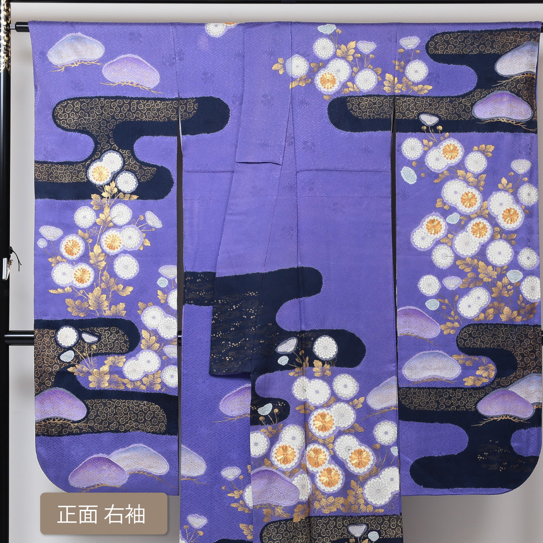 振袖 身丈171cm 裄丈70.5cm Bランク 袷 正絹 広衿 エ霞 金彩 金駒刺繍 松 1213-F0046