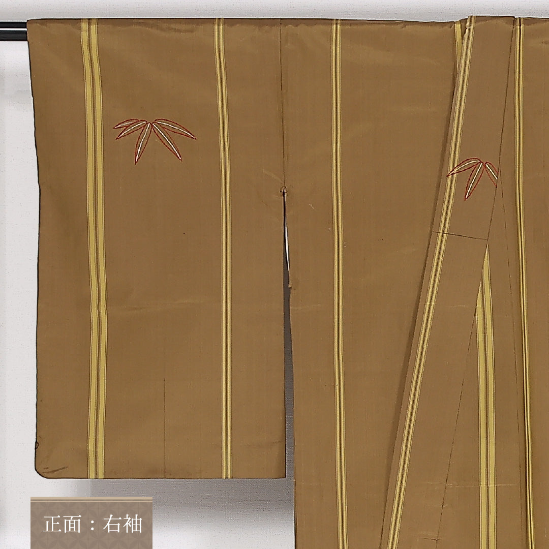 付下げ 袷 身丈151cm 裄丈63cm 正絹 Aランク インフォーマル バチ衿 Sサイズ 刺繍 笹 茶系 RP 1218-04790