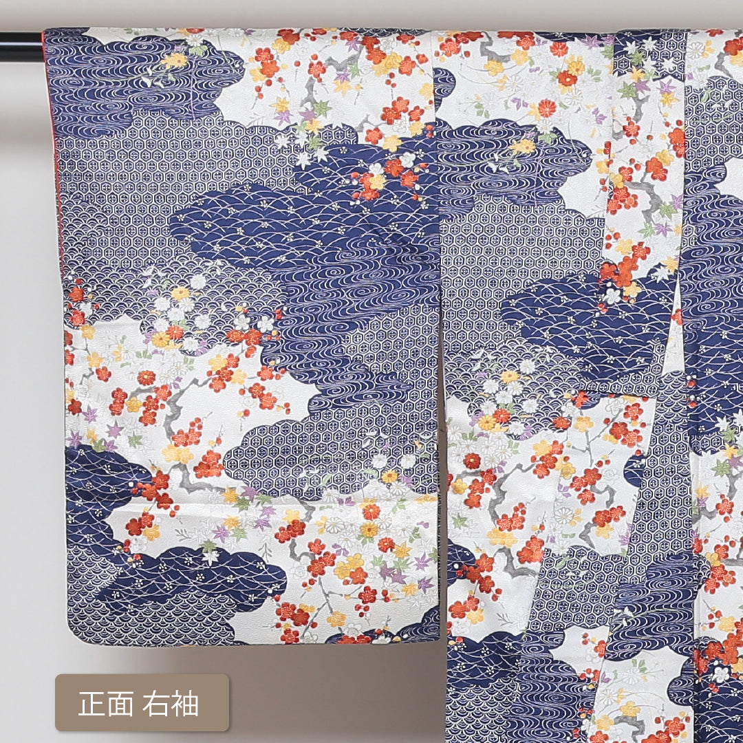 小紋 袷 身丈156cm 裄64cm 青系 古典柄 雲取 梅 紅葉 正絹 Sランク お正月 1215014092317
