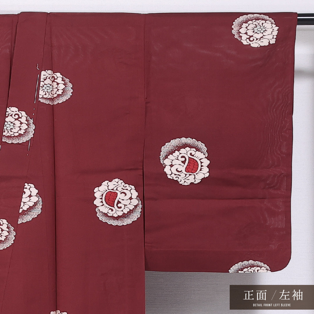 お召 単衣 身丈147cm 裄丈62cm 正絹 Aランク インフォーマル バチ衿 XSサイズ 牡丹 赤系 LP 1222-11793