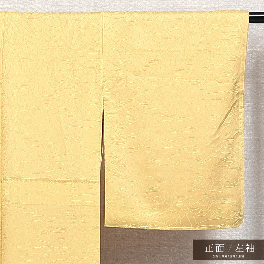 色無地 袷 身丈155cm 裄丈62cm 正絹 Aランク 一つ紋 紋意匠 (乱菊) セミフォーマル 広衿 Mサイズ 黄系 HP 1219-14002