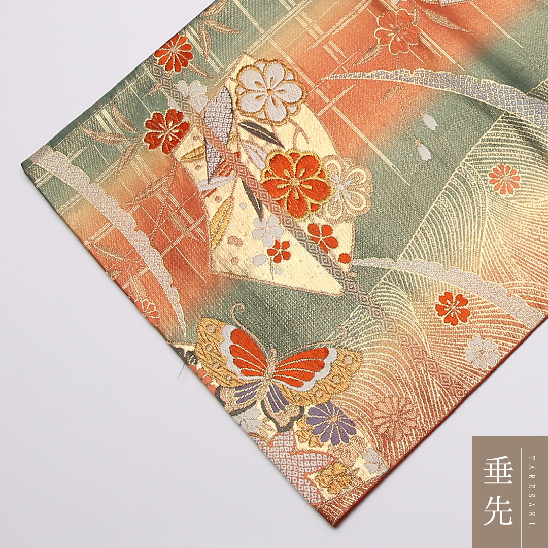 振袖用 袋帯 帯丈422cm 正絹 六通 唐織 花扇 蝶 赤系 緑系 1243-01039