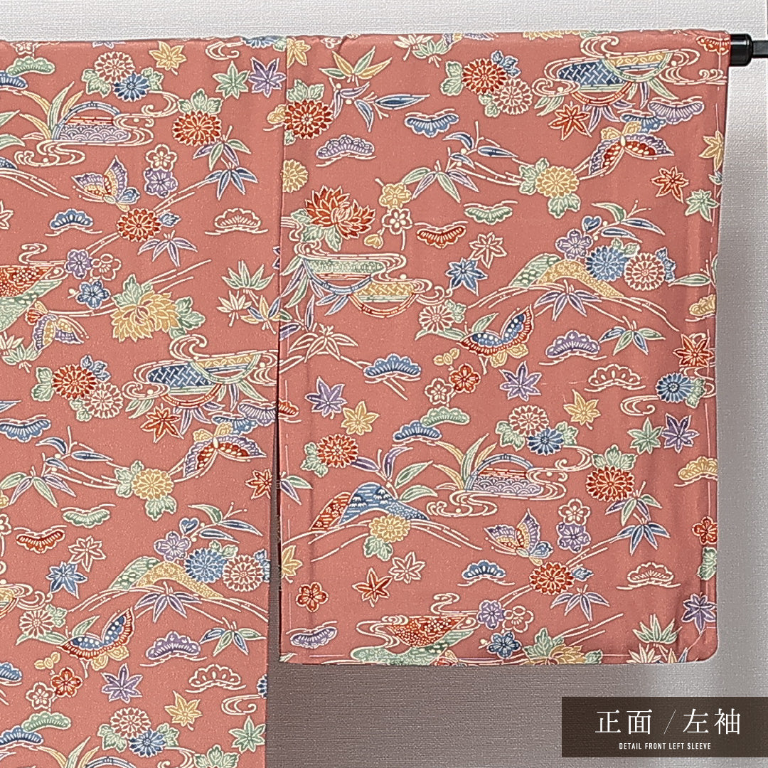 洗える着物 小紋 袷 身丈168cm 裄丈66cm ポリエステル Sランク インフォーマル 広衿 XLサイズ 型染め ガード加工 蝶 古典柄 朱系 RP 1221-14731