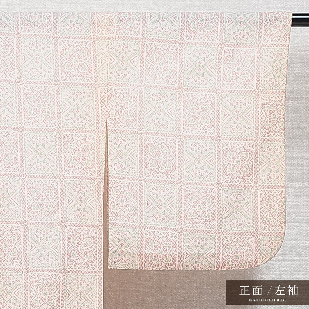 小紋 単衣 身丈156cm 裄丈63cm 正絹 Sランク インフォーマル バチ衿 Mサイズ 抽象柄 クリーム系 RP 1221-14875