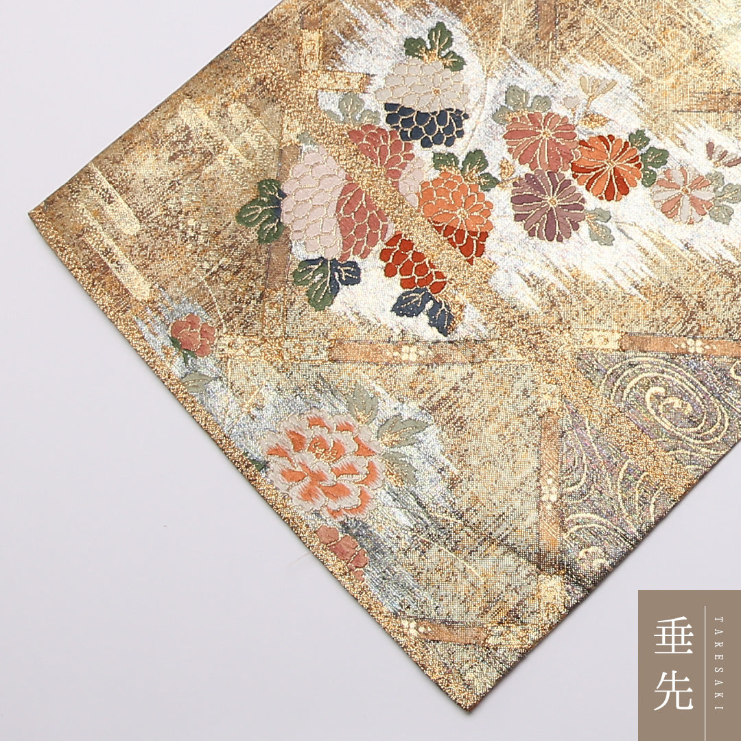 袋帯 帯丈444cm 六通 未仕立て 菊 牡丹 帯芯なし フォーマル 金系 正絹 Aランク 1223-01005