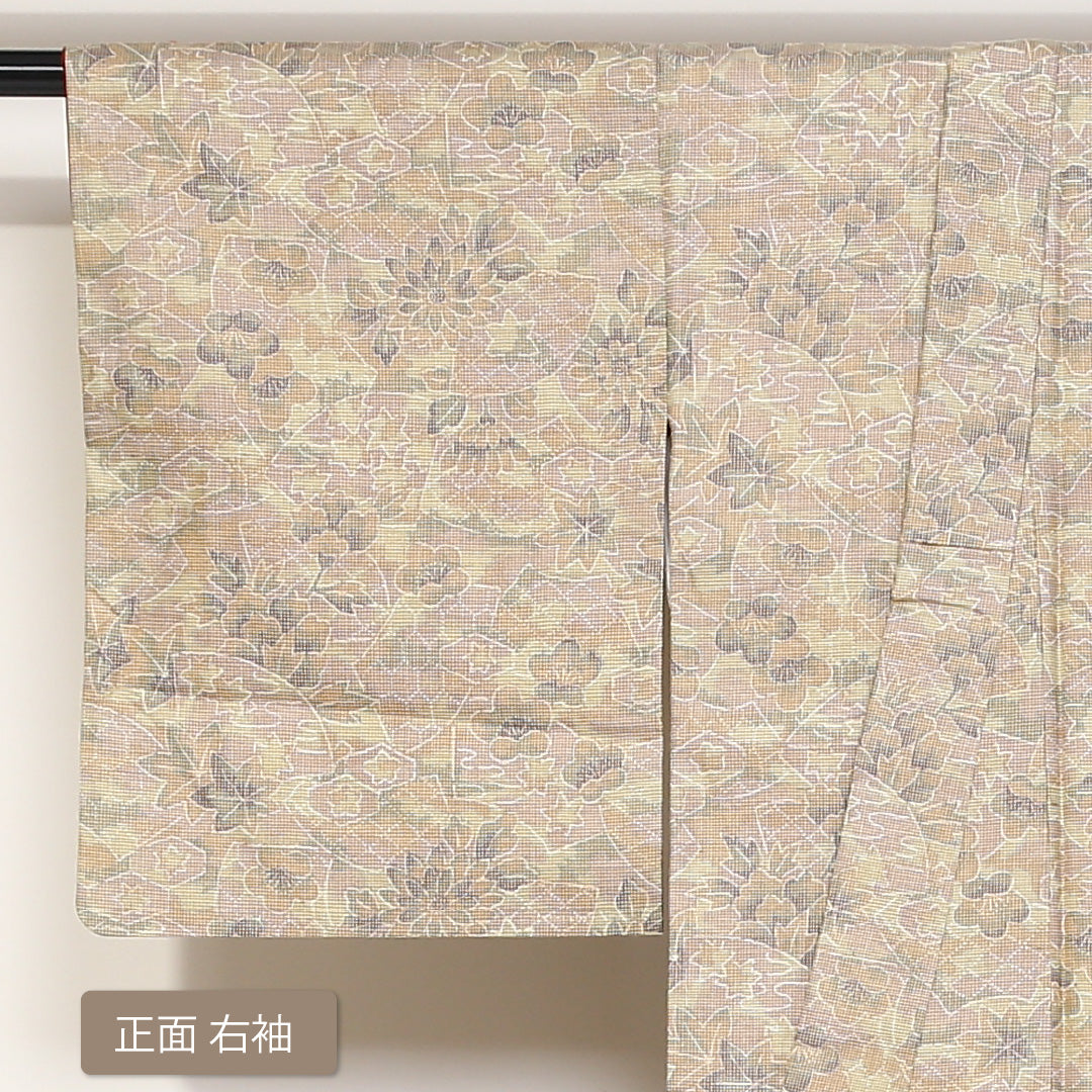 紬 袷 身丈156cm 裄丈62cm 正絹 Sランク カジュアル バチ衿 Mサイズ 花柄 植物柄 ベージュ系 RP 1223-03121