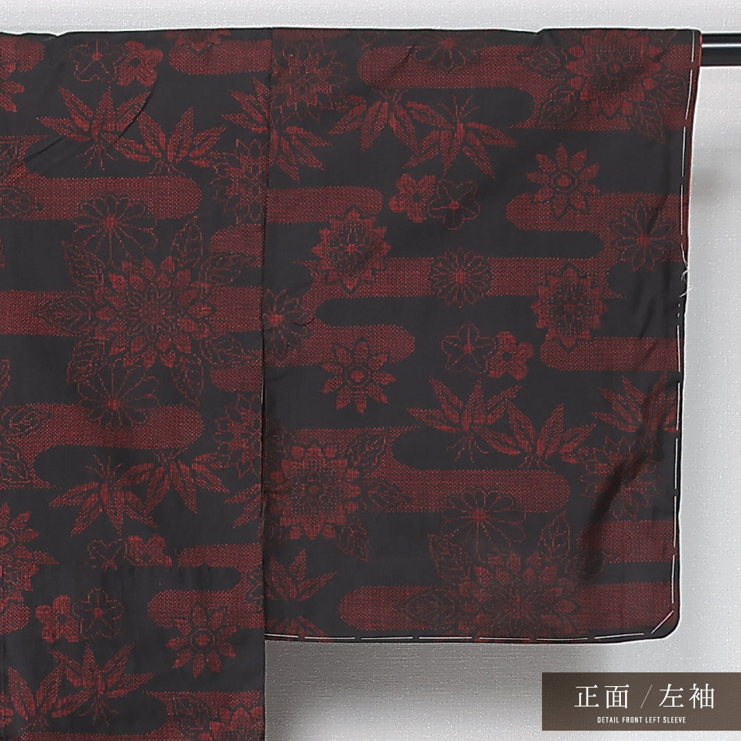 紬 袷 身丈160cm 裄丈64cm 正絹 Aランク カジュアル 広衿 Lサイズ エ霞 花柄 黒系 HP 1223-12155