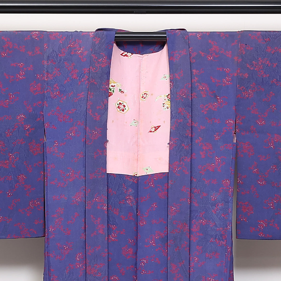アンティーク 羽織 袷 身丈94cm 裄丈63cm 正絹 Cランク 紋意匠 (菊) Sサイズ 唐華 青系 M4 1232-06167