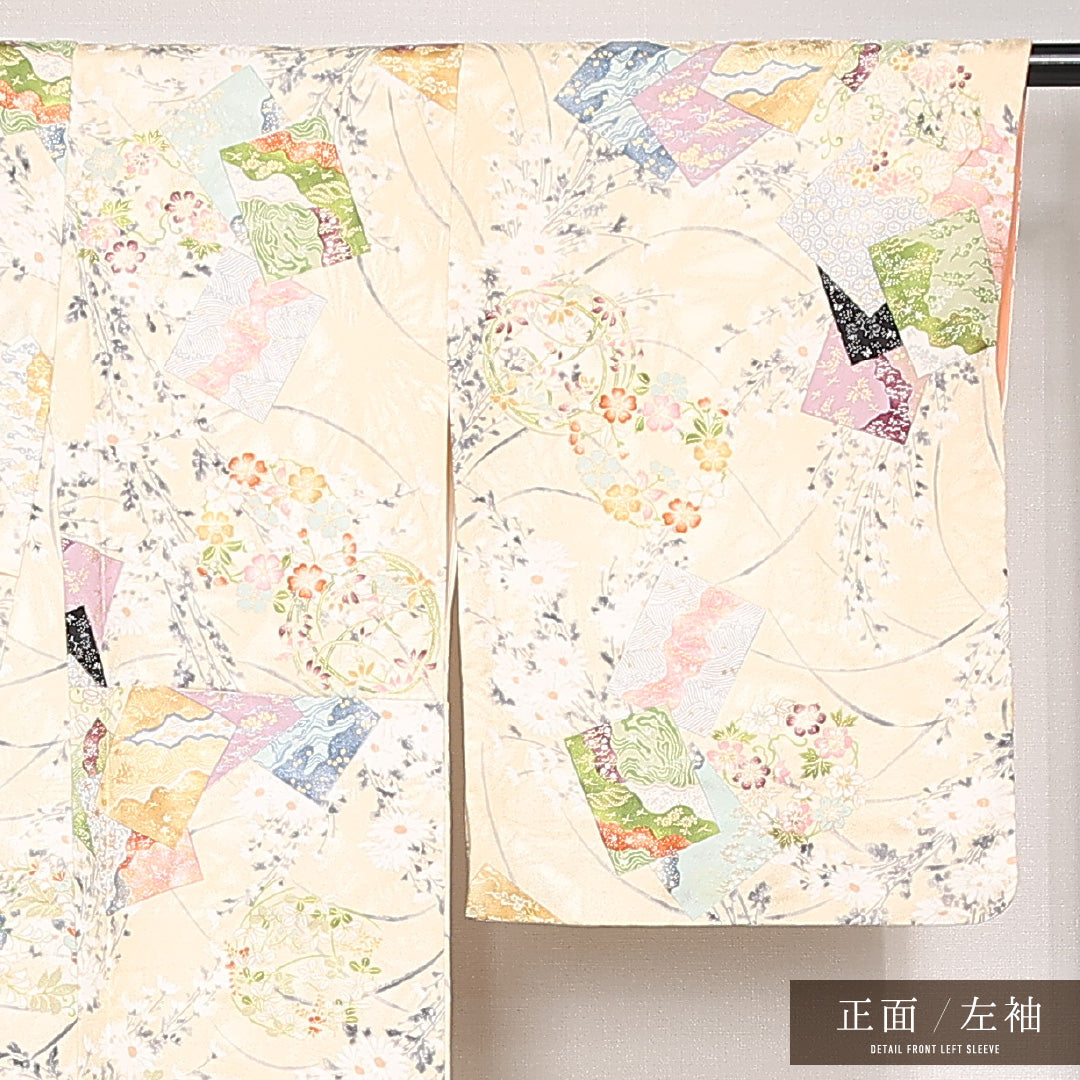 小紋 袷 身丈153cm 裄丈63cm 正絹 Sランク インフォーマル 広衿 Sサイズ 金彩 色紙 四君子 クリーム系 RP 1221-13170