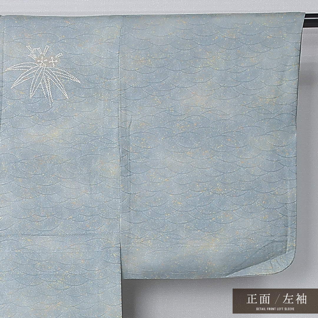 付下げ 身丈156cm 裄丈64cm Sランク M 正絹 単衣 広衿 一つ紋 上がり藤 相良刺繍 芝草 ぼかし 梅 笹 たたき染め セミフォーマル 水色系 1261-12318