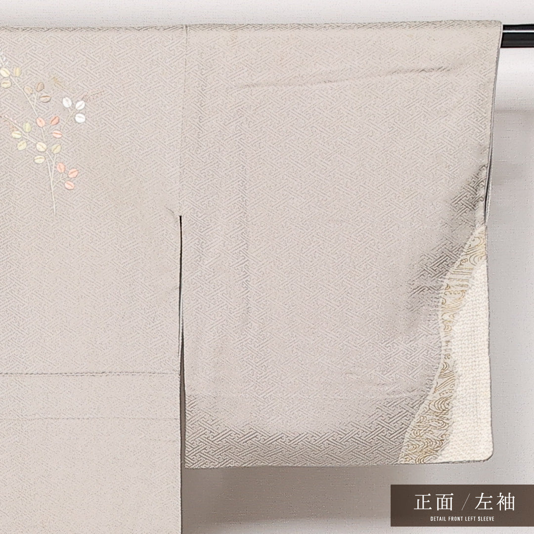 訪問着 袷 身丈149cm 裄丈62cm Cランク 正絹 広衿 XSサイズ 一つ紋(丸に木瓜) セミフォーマル 蘇州刺繍 銀駒刺繍 鴛鴦 上品 落ち着き ベージュ系 1212-13599