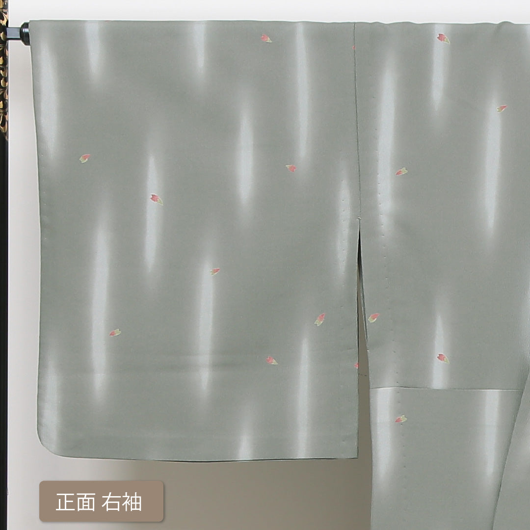 小紋 洗える着物 単衣 身丈163cm 裄丈70cm ポリエステル Sランク Lサイズ 広衿 インフォーマル 花柄 グレー系 緑系 1215-01265