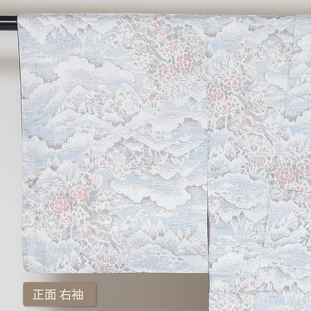 紬 袷 身丈156cm 裄61cm 正絹 白系 Sランク 真綿紬 花柄 山 雲取 1216-00572-2311 1216-00572