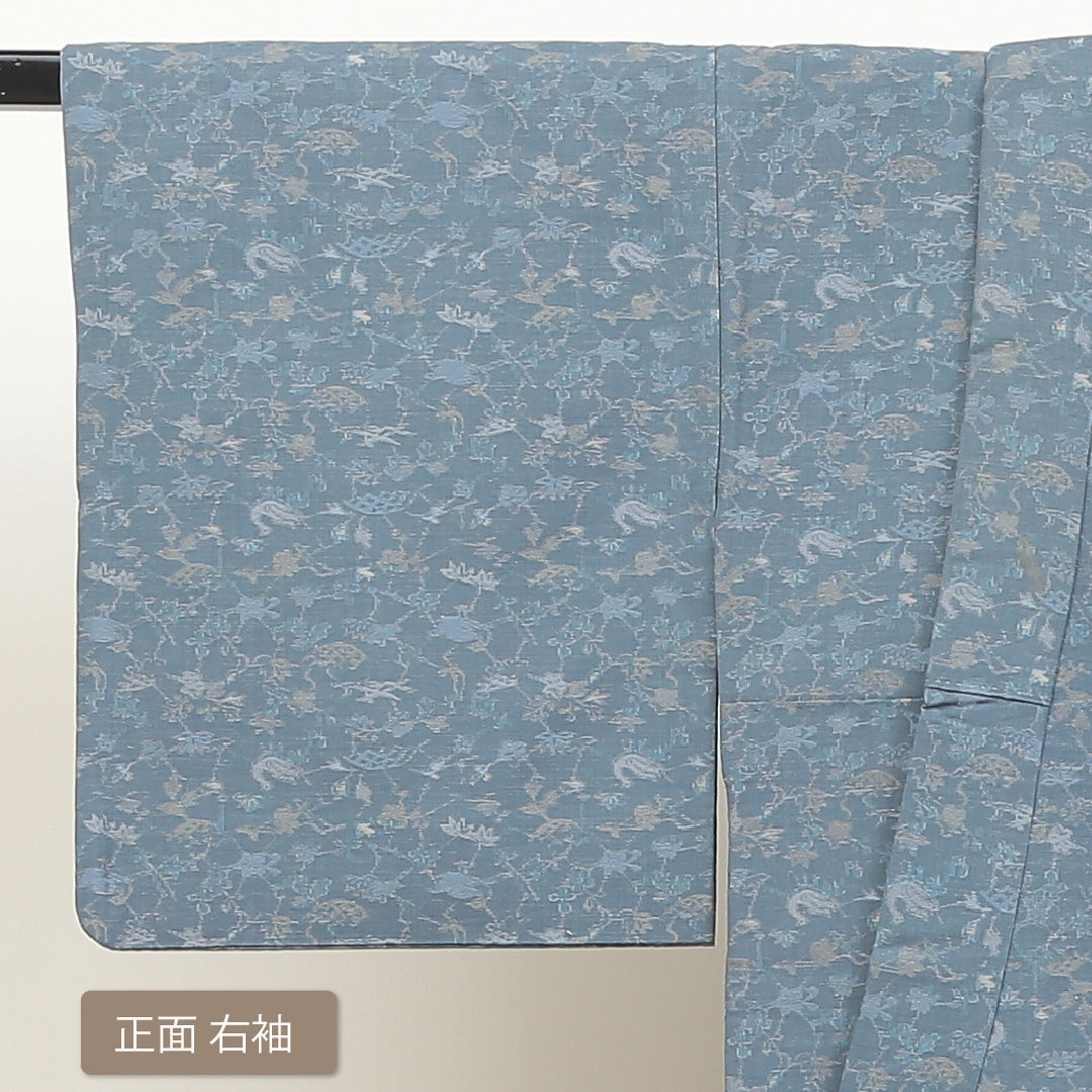 紬 袷 身丈147cm 裄丈63cm 正絹 Aランク XSサイズ 広衿 カジュアル 花鳥風月 青系 1216-02829