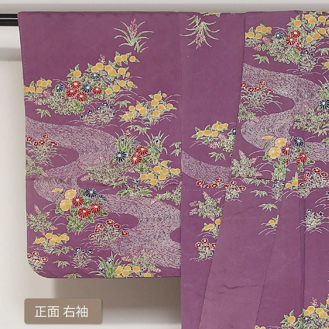 小紋 袷 身丈154cm 裄丈62cm 正絹 Aランク インフォーマル 広衿 Sサイズ 花柄 笹 紫系 RP 1221-01665