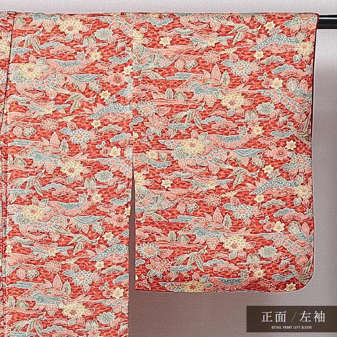 小紋 洗える着物 袷 身丈151cm 裄丈60cm ポリエステル Sランク Sサイズ 広衿 インフォーマル 京紅型 花喰鳥 古典柄 赤系 1215-14977