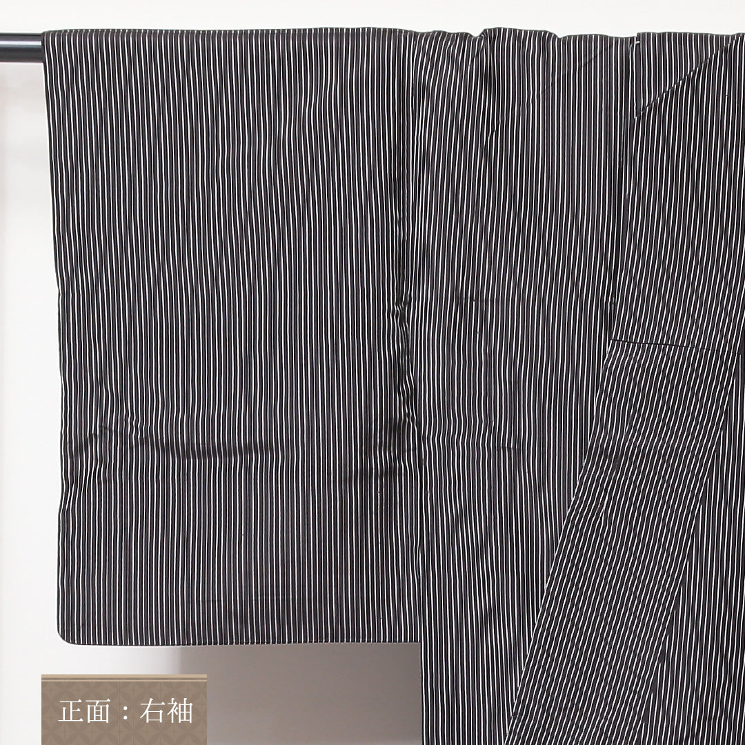 お召 夏物 夏物 身丈151cm 裄丈61cm 正絹 Sランク Sサイズ 広衿 インフォーマル 居敷当て 肩当て 縞 茶系 1265-02201