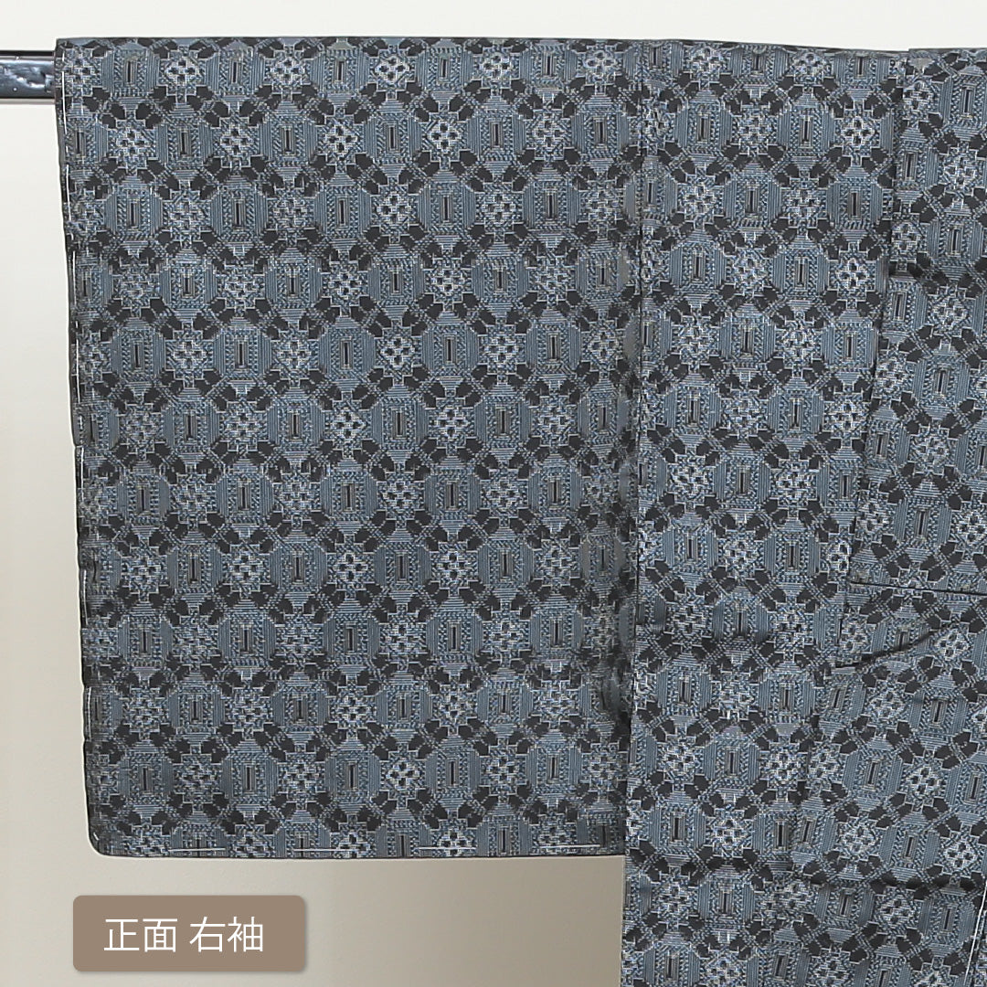 村山大島紬 袷 身丈158cm 裄丈63cm 正絹 Aランク インフォーマル 広衿 Mサイズ しつけ糸 蜀江 青系 RP 1223-02835