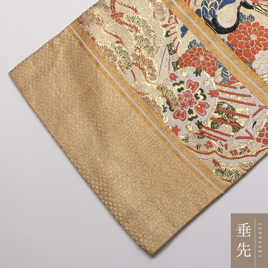 アンティーク 丸帯 帯丈416cm 正絹 全通 松鶴 御所解 金系 1242-01341