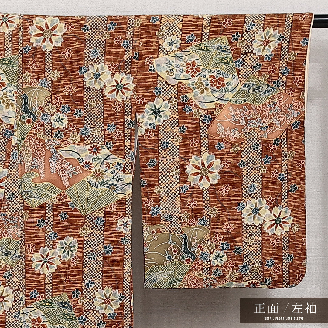 小紋 袷 身丈155cm 裄丈63cm 正絹 Sランク インフォーマル 広衿 Mサイズ 吉祥文様 茶系 RP 1221-14162