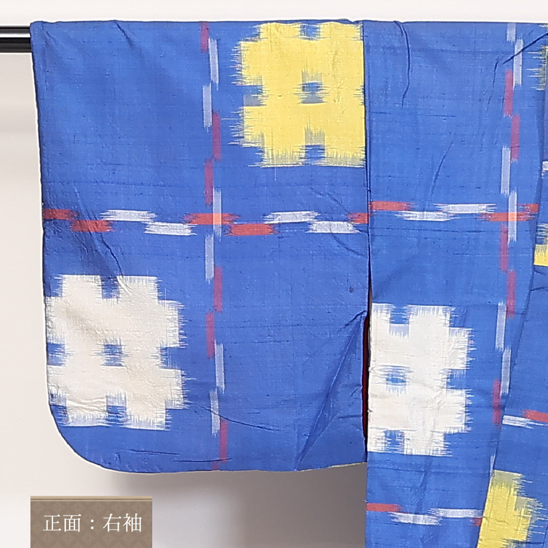 アンティーク 銘仙の着物 袷 身丈146cm 裄丈61cm 正絹 Cランク バチ衿 XSサイズ 井桁絣 青系 RP 1223-03746