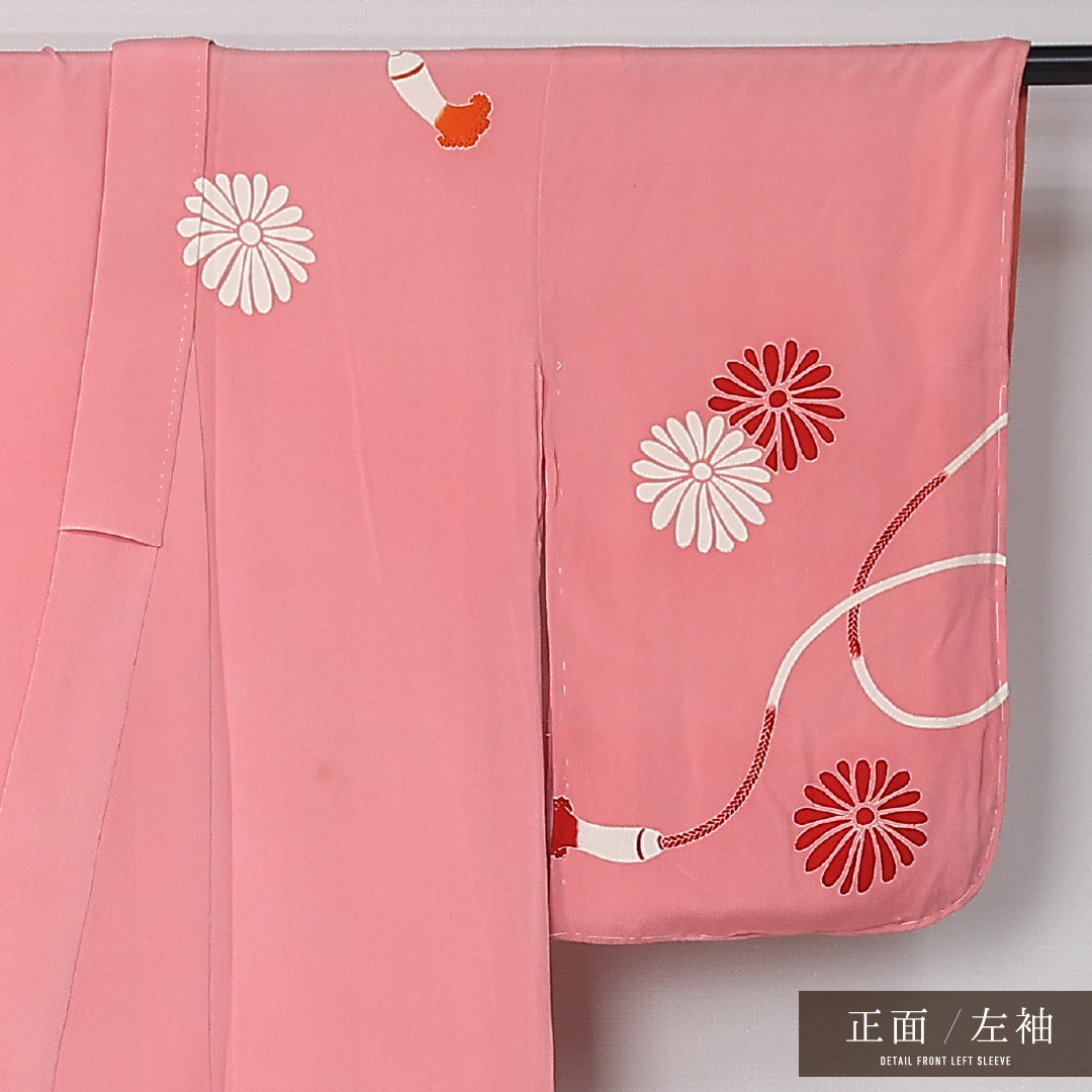 アンティーク 訪問着 袷 身丈158cm 裄丈61cm 正絹 Aランク 一つ紋 (蔦柏) バチ衿 Mサイズ 扇 ピンク系 M4 1217-12410