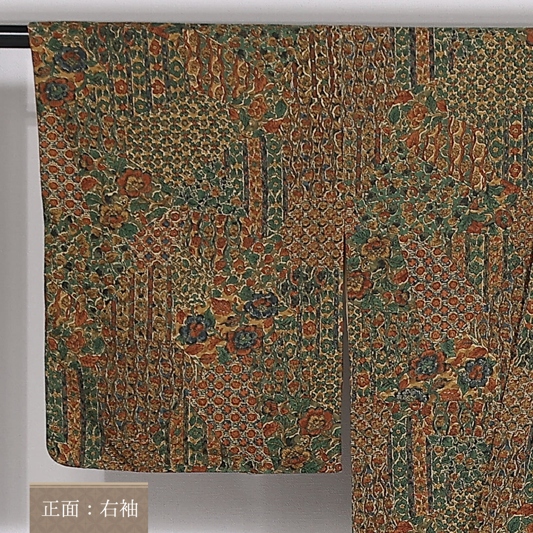 小紋 袷 身丈156cm 裄丈64cm 正絹 Aランク インフォーマル 広衿 Mサイズ 更紗 花柄 茶系 RP 1221-02480