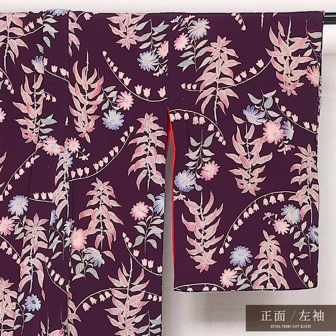アンティーク 小紋 (錦紗) 袷 身丈148cm 裄丈63cm 正絹 Bランク バチ衿 XSサイズ 植物柄 紫系 RP 1221-13560