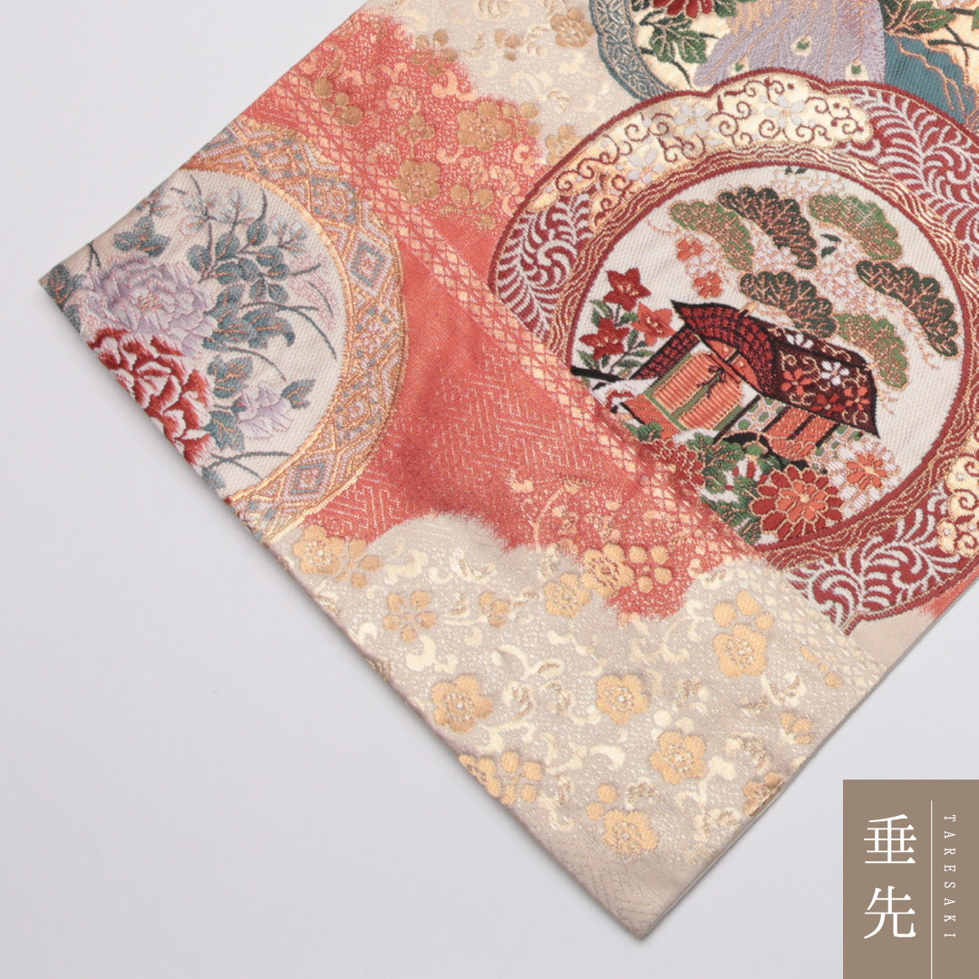 袋帯 帯丈428cm 正絹 六通 鏡裏花鳥文 フォーマル 鏡裏文 花鳥文 ピンク系 1243-01137