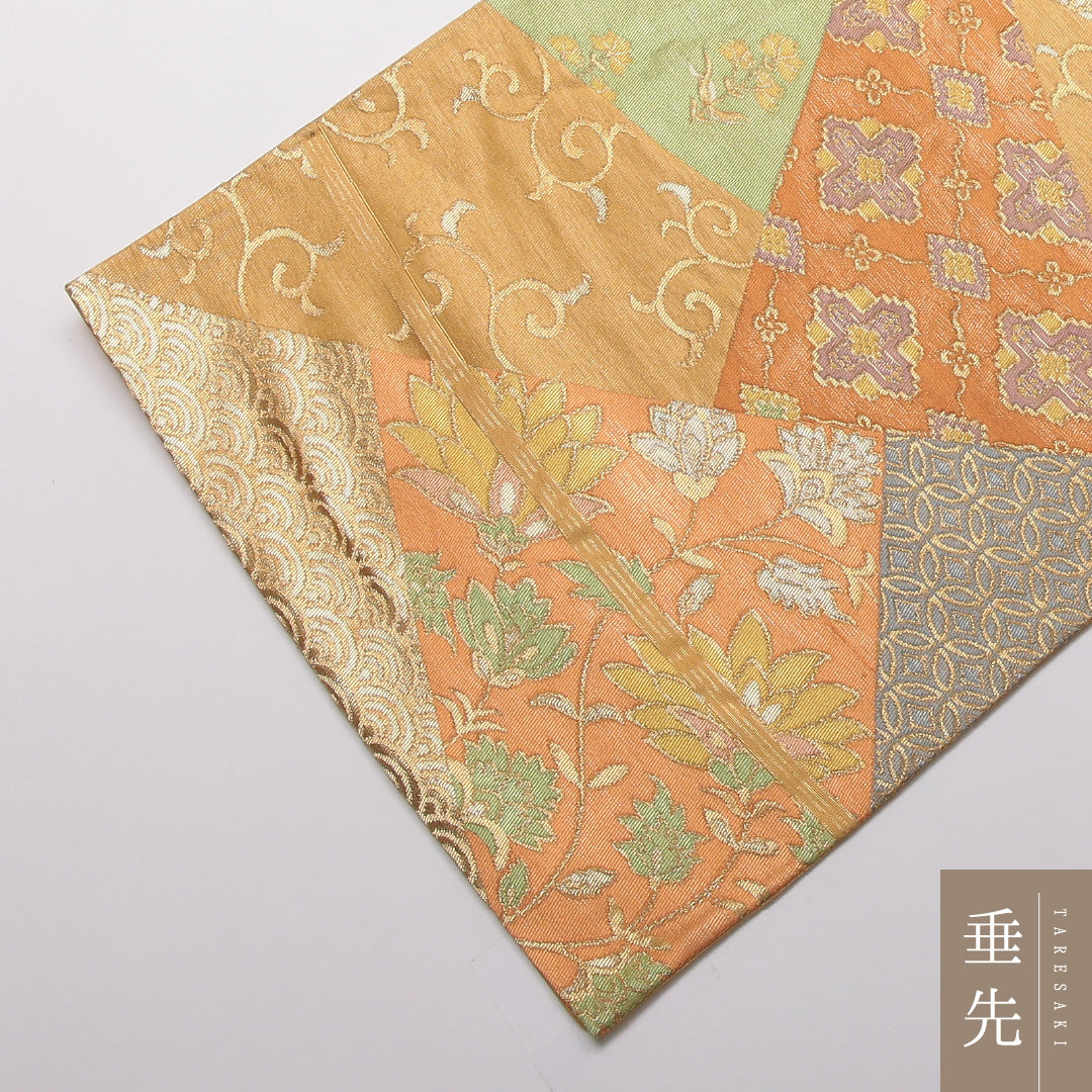 袋帯 帯丈414cm Aランク 六通 正絹 吉祥文様 唐草 花菱 青海波 カジュアル 黄系 1223-01411