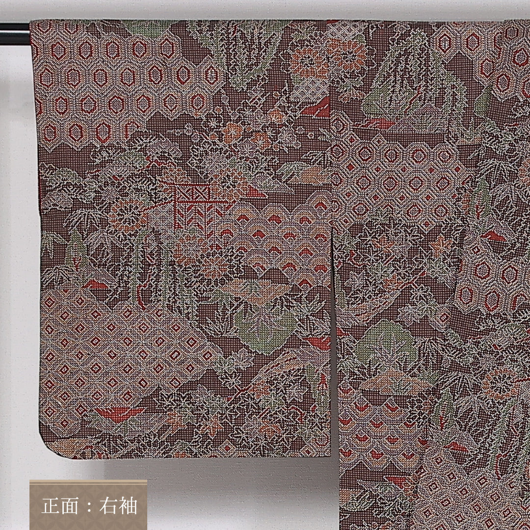 大島紬 袷 身丈165cm 裄63.5cm 正絹 吉祥文様 菊 茶系 Aランク 1216-01408