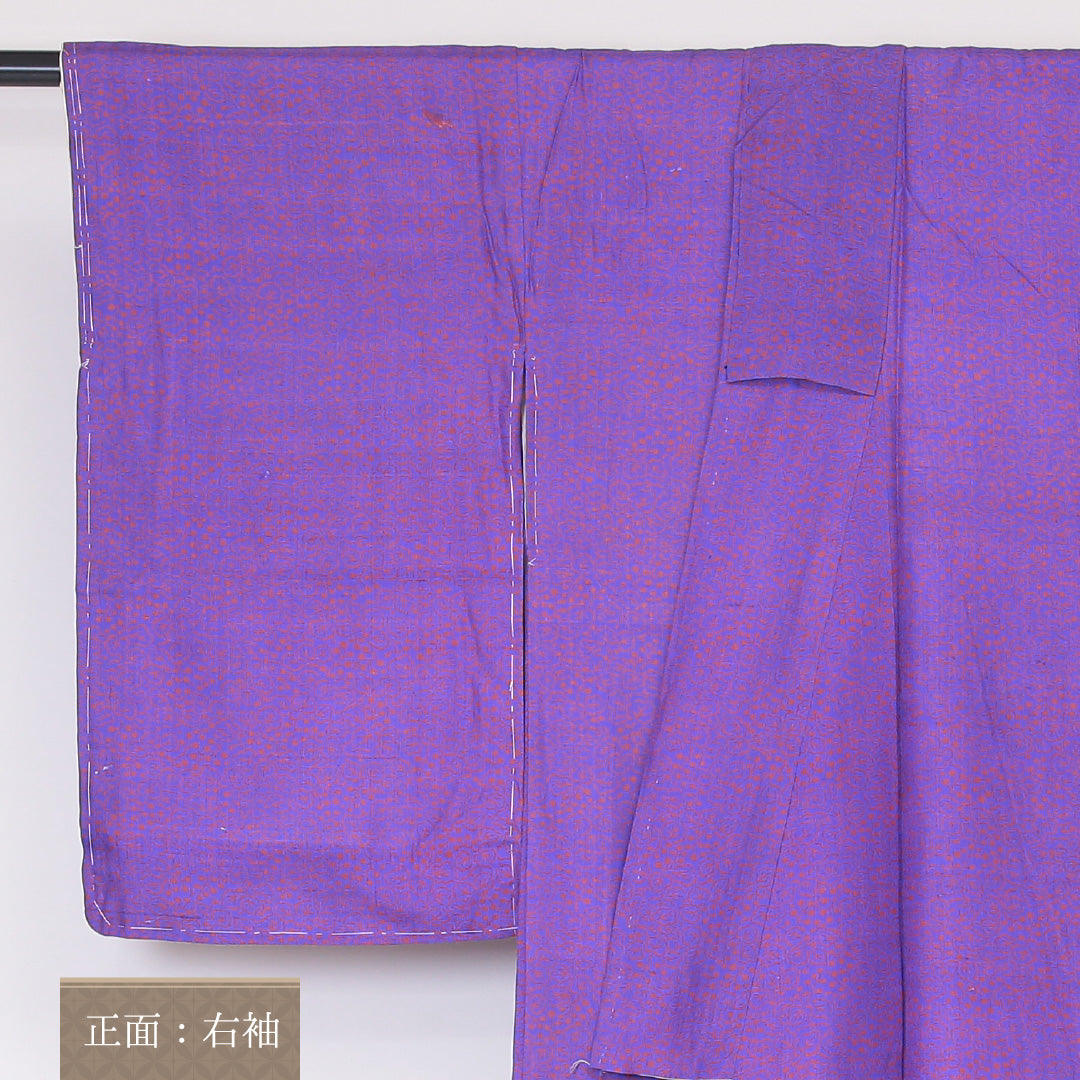 アンティーク 小紋 (錦紗) 袷 身丈147cm 裄丈62cm 正絹 Cランク 広衿 XSサイズ 唐草 紫系 RP 1221-02113