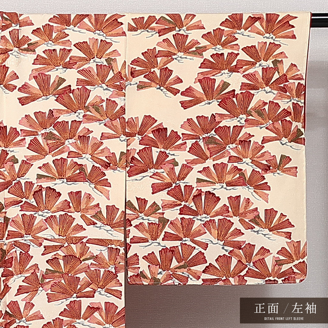 未使用品 小紋 袷 身丈158cm 裄丈63cm 正絹 Sランク インフォーマル 広衿 Mサイズ 金彩 しつけ糸 植物柄 クリーム系 RP 1221-14309