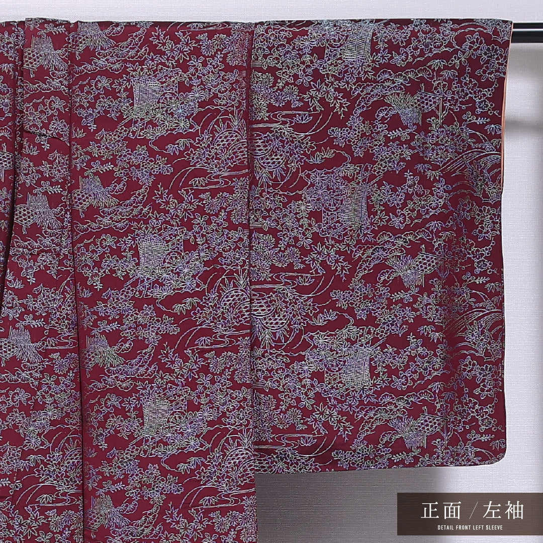 アンティーク お召 袷 身丈148cm 裄丈63cm 正絹 Bランク バチ衿 XSサイズ 御所車 花柄 笠松 紫系 M4 1222-11726