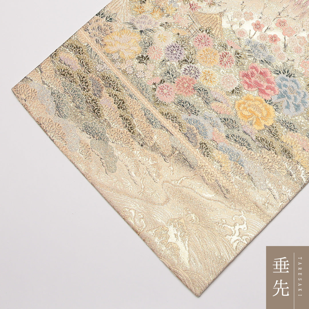 袋帯 帯丈436cm 正絹 六通 フォーマル 寺社 四季山野 金系 1243-01276