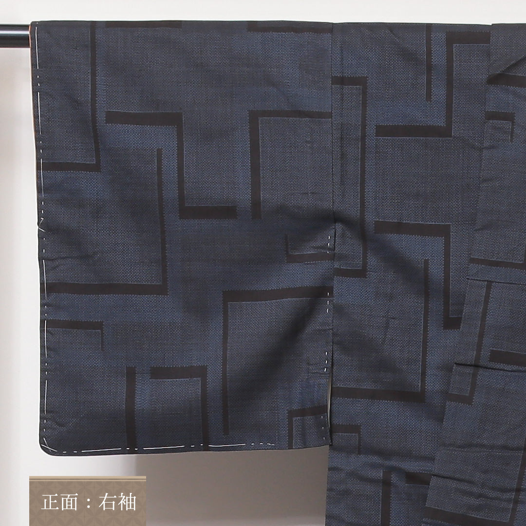 大島紬 袷 身丈159cm 裄丈62cm 正絹 Aランク インフォーマル 広衿 Mサイズ 幾何学柄 紺系 RP 1223-03526