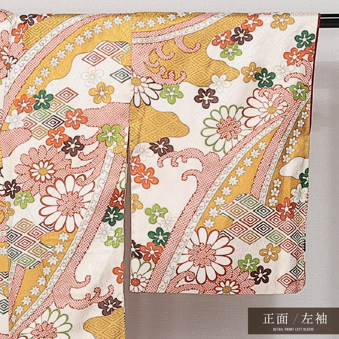 小紋 袷 身丈163cm 裄丈65cm 正絹 Sランク インフォーマル バチ衿 Lサイズ 金彩 吉祥文様 黄系 RP 1221-14298