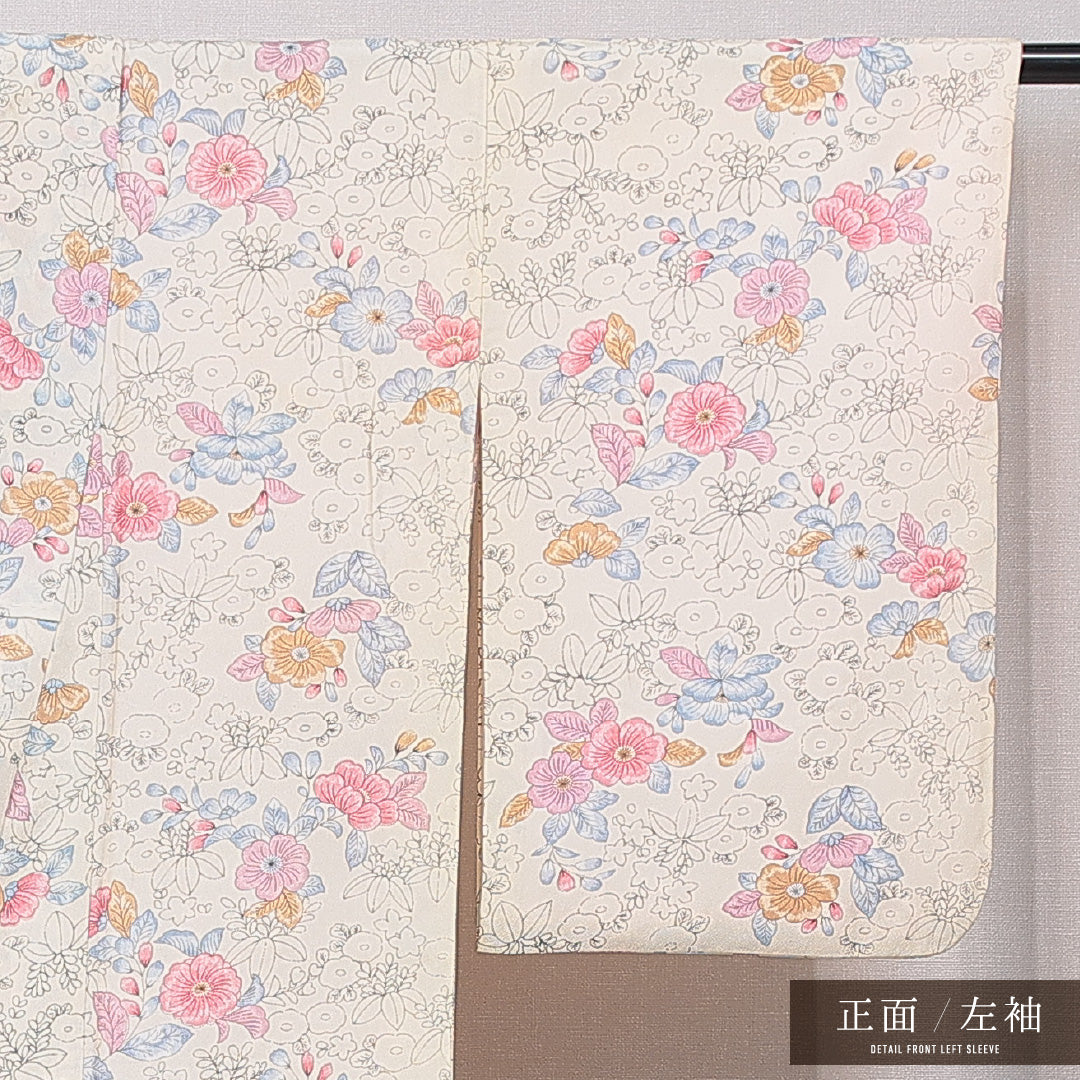 小紋 洗える着物 袷 身丈161cm 裄丈64cm ポリエステル Cランク Lサイズ 広衿 インフォーマル 花柄 クリーム系 1215-15637