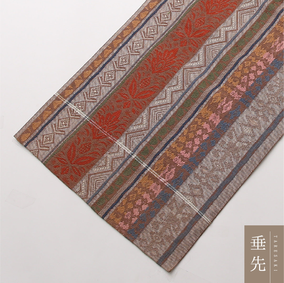 八寸名古屋帯 Aランク 帯丈344cm 正絹 全通 開き仕立て 織り カジュアル 紬 間道 多色系 RP 1245-02413