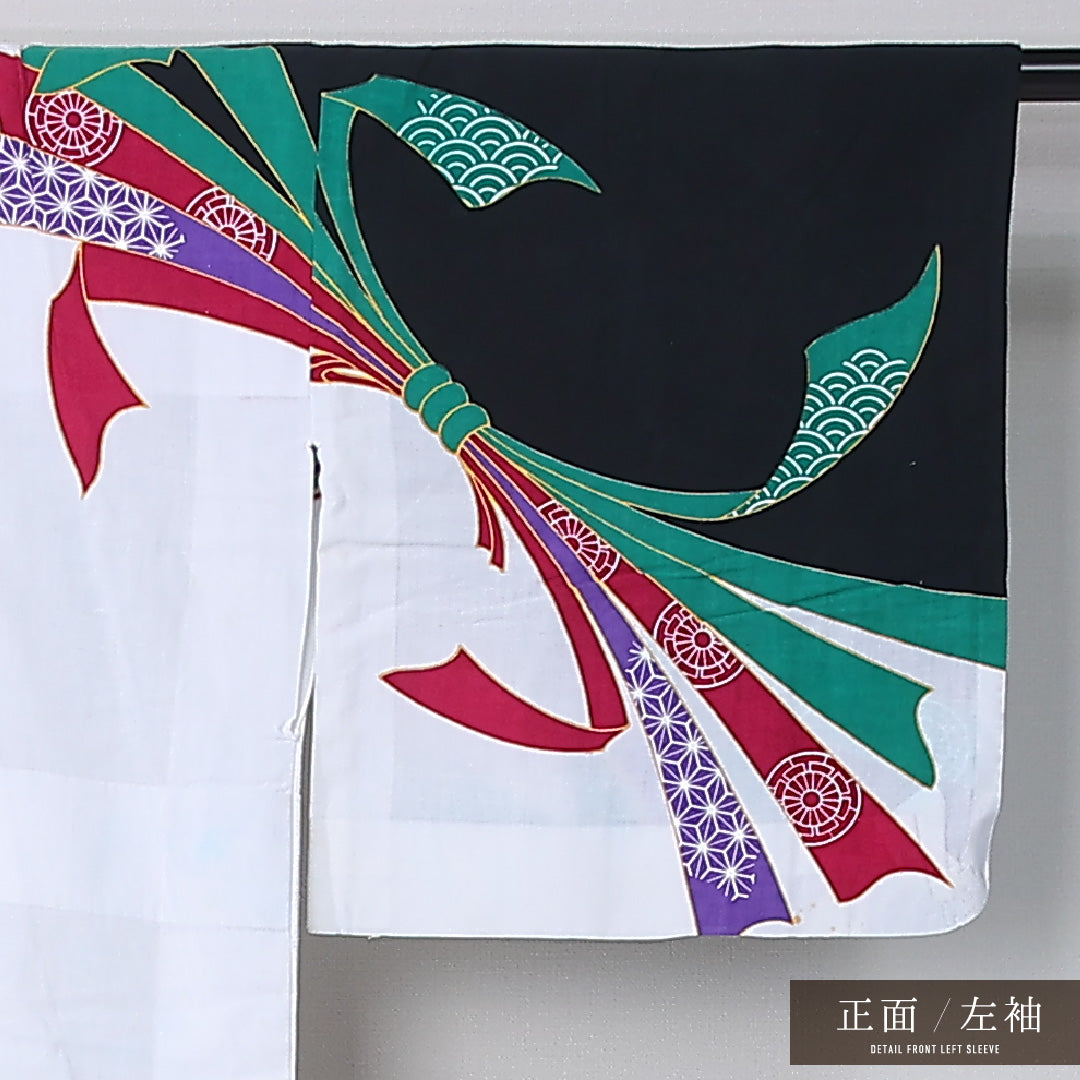 浴衣 身丈151cm 裄丈63cm Cランク S 木綿 洗える着物 単衣 バチ衿 居敷当て 源氏車 熨斗 カジュアル 白系 1218-12369