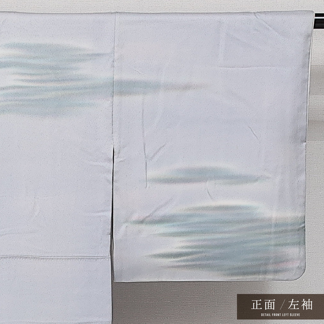 訪問着 袷 身丈153cm 裄丈61cm Aランク 正絹 広衿 Sサイズ セミフォーマル 落款 虹彩染 霞 遠山 幻想的 しとやか 水色系 グレー系 1212-14248