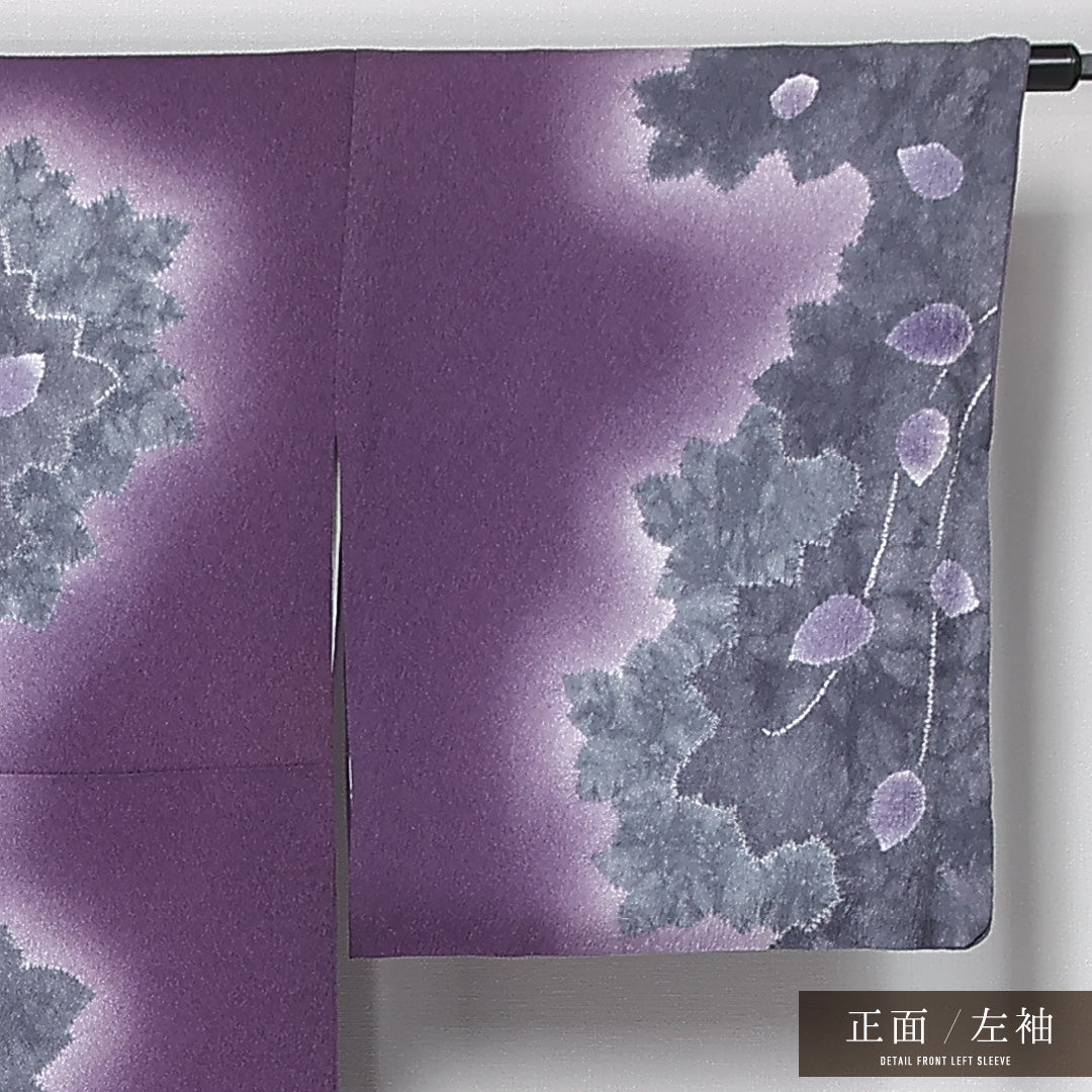 付下げ 身丈165cm 裄丈67cm Sランク XL 正絹 袷 広衿 一つ紋 揚羽蝶 落款 染色作家藤井霞岳 ふくれ織 セミフォーマル 紫系 1261-12162