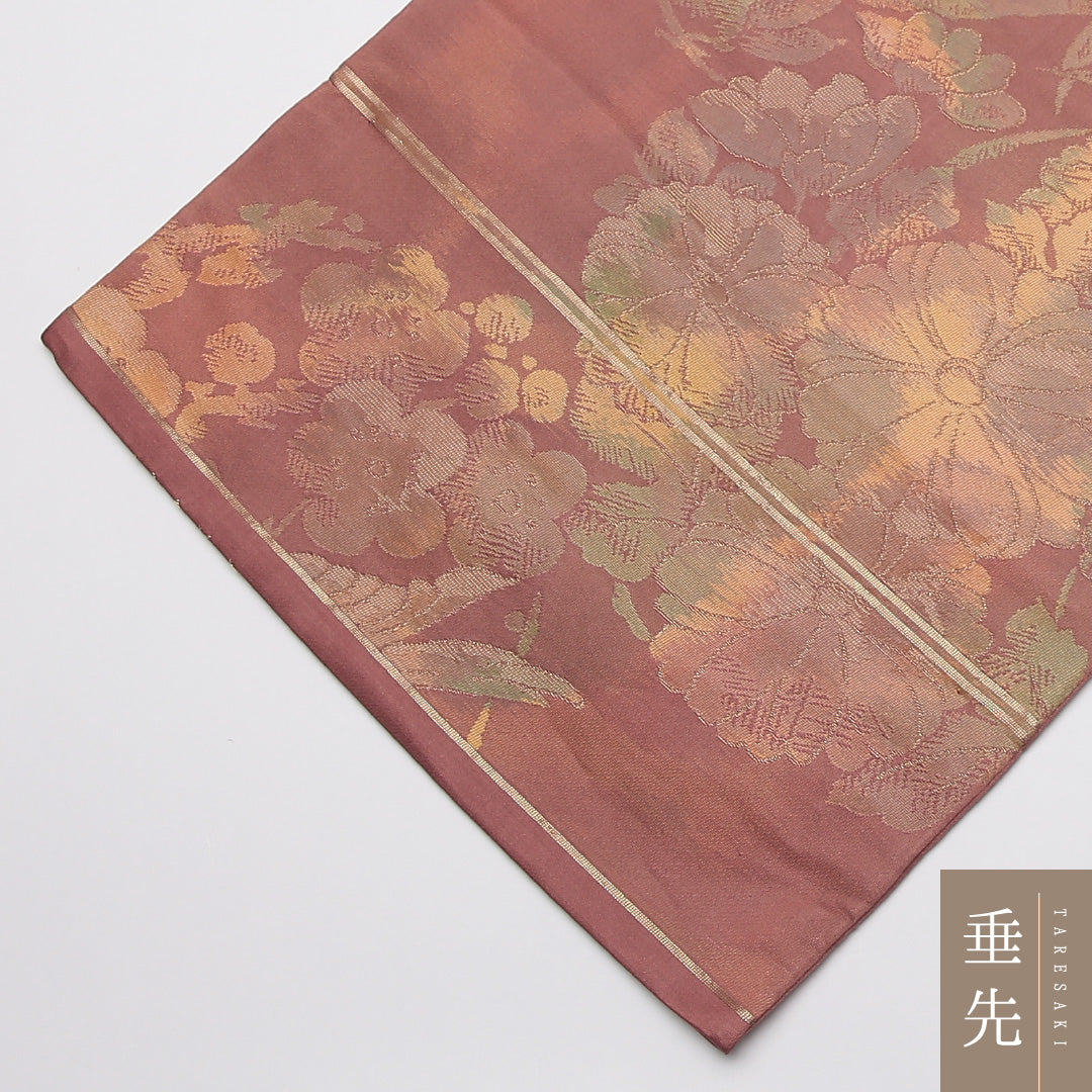 未使用品 袋帯 帯丈420cm 正絹 六通 セミフォーマル 花鳥文 茶系 ピンク系 1243-01235